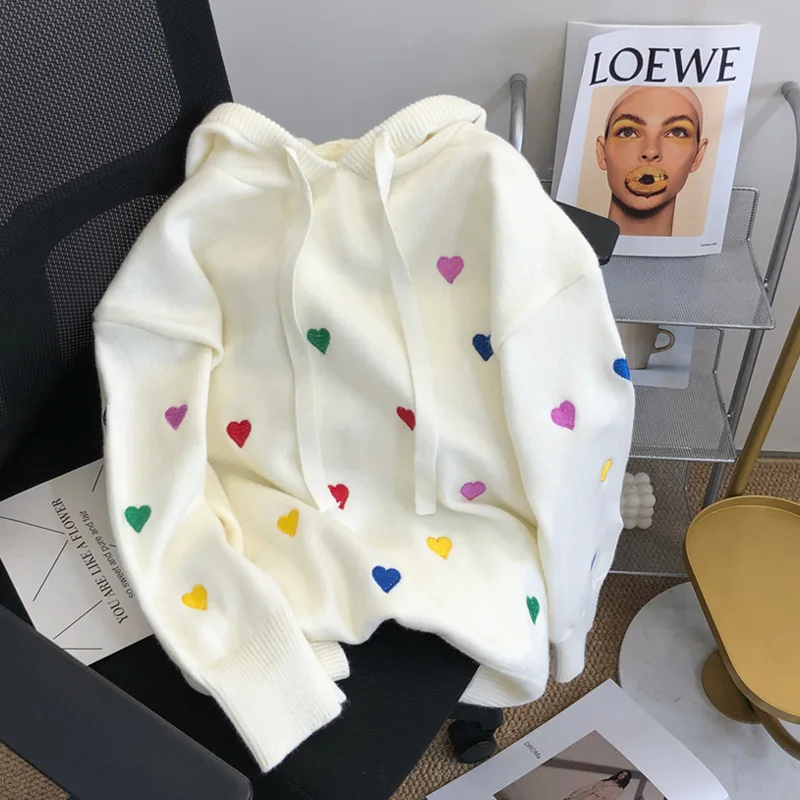 

1pcs Autumn Winter Casual Fashion Slimming Long Sleeve Hooded Heart Print Ladies Pullover Sweater, Inner Wear Knitwear