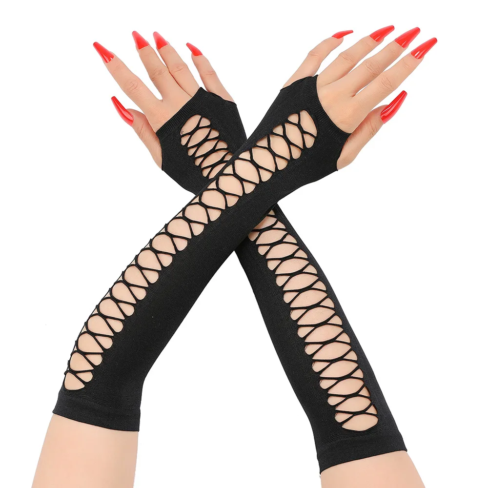 

A Pair of Retro Party Cosplay Women's Mid Length Flat Finger Perforated Cross Mesh Elastic Gloves