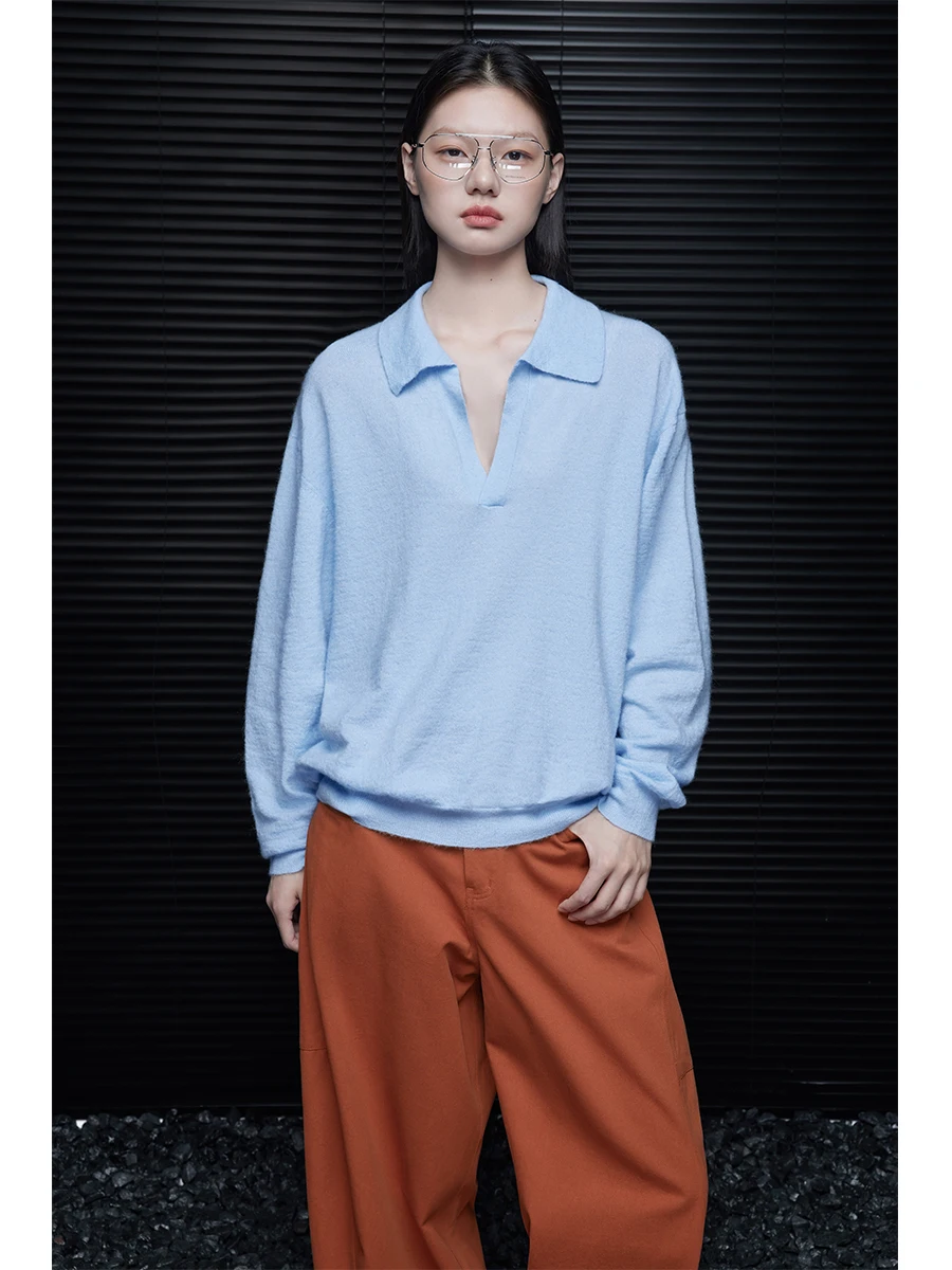 

Blue V-Ne Knitted Sweater Women's Faion Street Sle Loose Fit Long Sve Premium Feeling Early Autumn New Arrival