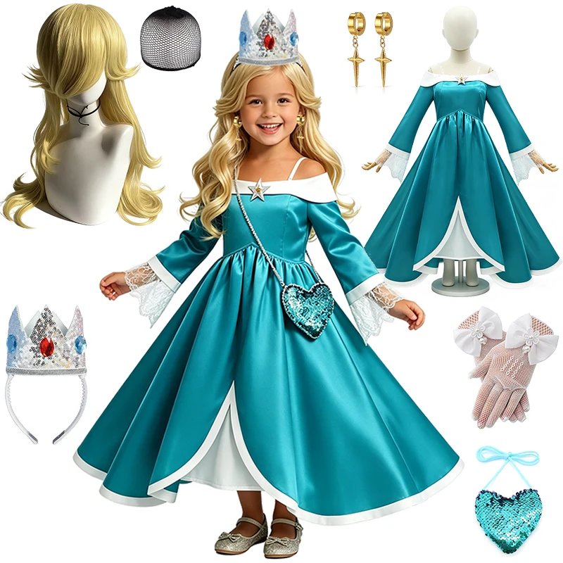 Robe de bal de princesse Rosalina en satin de luxe à épaules dénudées pour filles, costume d'Halloween, cosplay, carnaval, fête, costume pour enfants