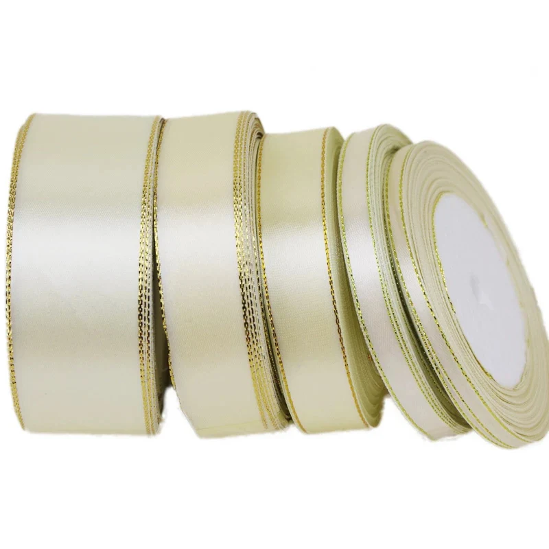 (25 Yards/roll) Beige Gold Edge Satin Ribbon Wholesale Handmade DIY Gift Christmas Ribbons (6/10/20/25/40mm)