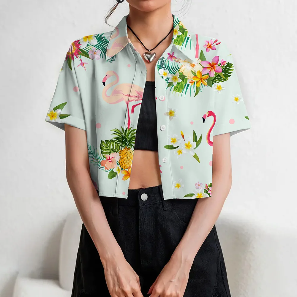 Female 3D Flamingo Printed Button Front Shirts Hawaii Beach Style Navel Exposed Shirts For Women Clothing Crop Tops Short Shirt