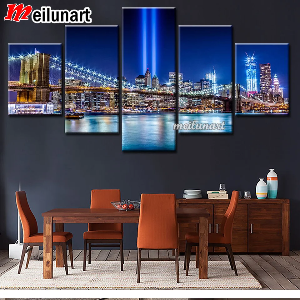 5 pcs City Night New York Brooklyn Bridge diamond painting full square/round drill mosaic diamonds Landscape embroidery  AS2995