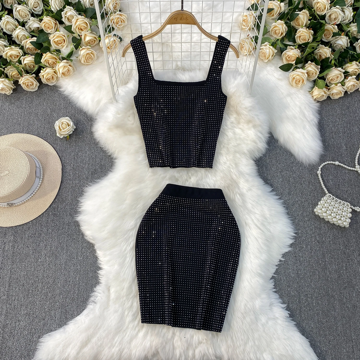 여름 여성 라인스톤 니트 슈트 스퀘어넥 캐미솔 슬림핏 스커트 투피스 세트 미국 캐주얼 패션 파티 여성 세트