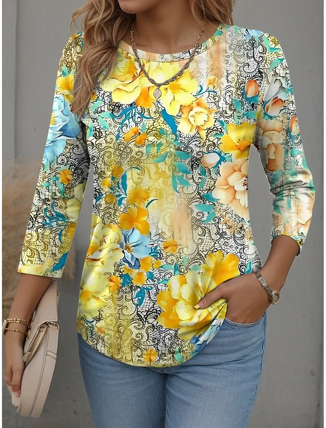 

Summer Women's T Shirt Floral Graphic Plants Stylish Casual Long Sleeve Round Neck Regular Tops Flower Print Pullover