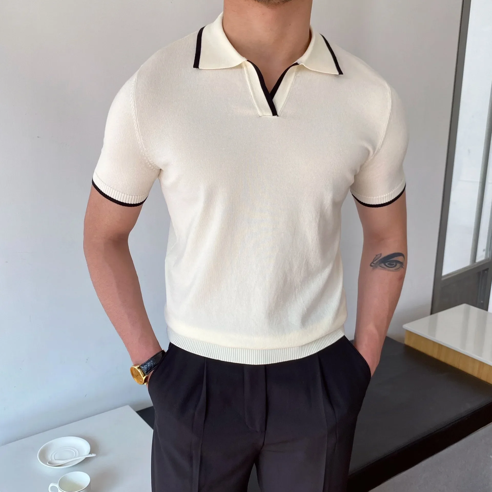 Lapel Polo Shirt Men's Business Versatile Slim-fit Micro-elastic T-shirt Summer Breathable Fashion Knitted Short-sleeved T-shirt