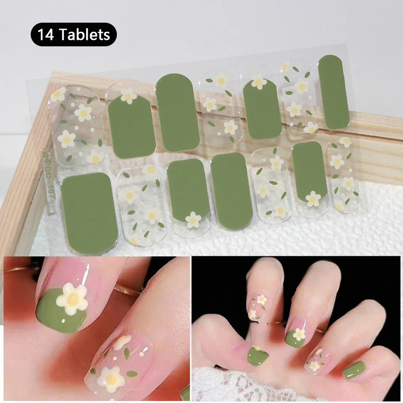 14Tips Baking-free Blue Sky Cloud Nail Stickers Solid Color Flowers In Spring Summer Long-Lasting Nail Strips Full Cover Decals