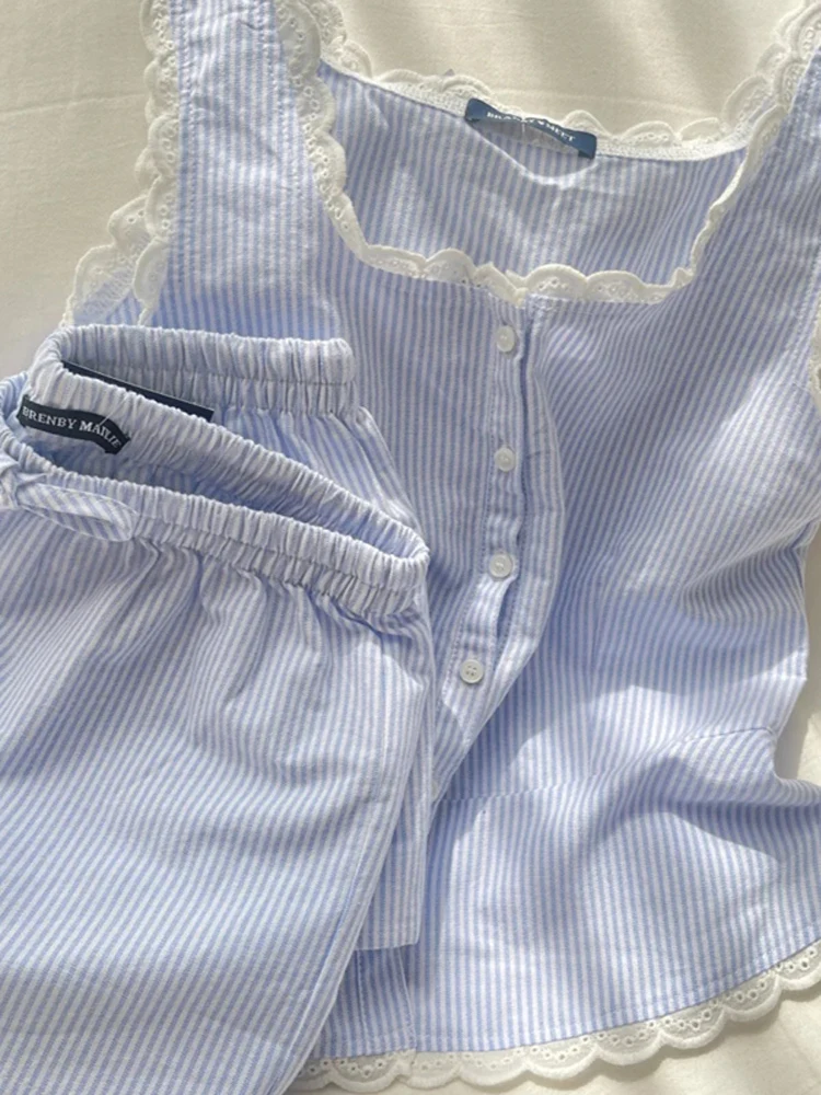 

Новинка 2023 года, корейский полосатый жилет с рюшами и воротником, женский весенне-осенний комплект домашней одежды с ремешками, брюки