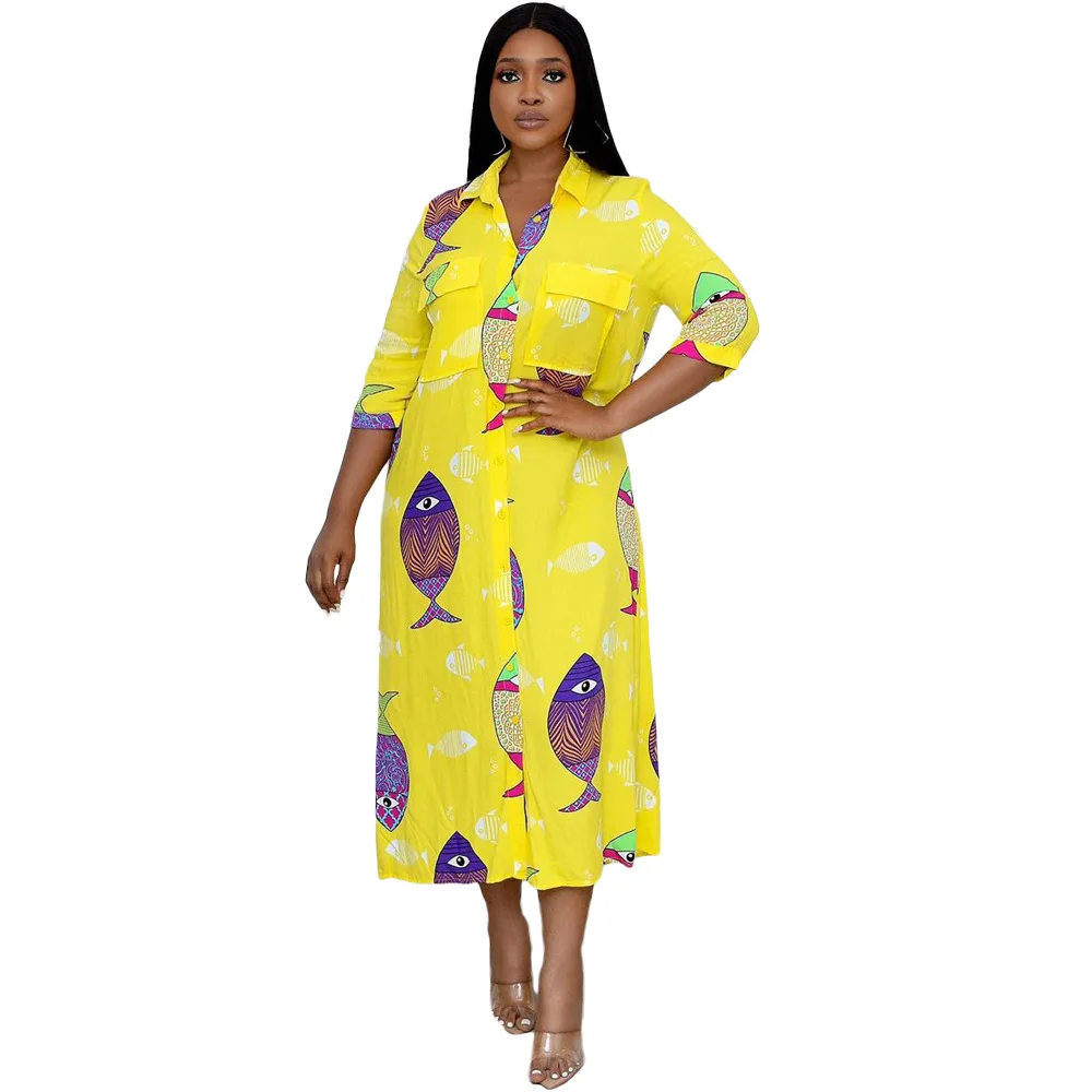 

Long African Shirt Dress Women With Pockets 3/4 Sleeve Ankle Length Robes 2023 Fashion New Print Loose Casual African Maxi Dress