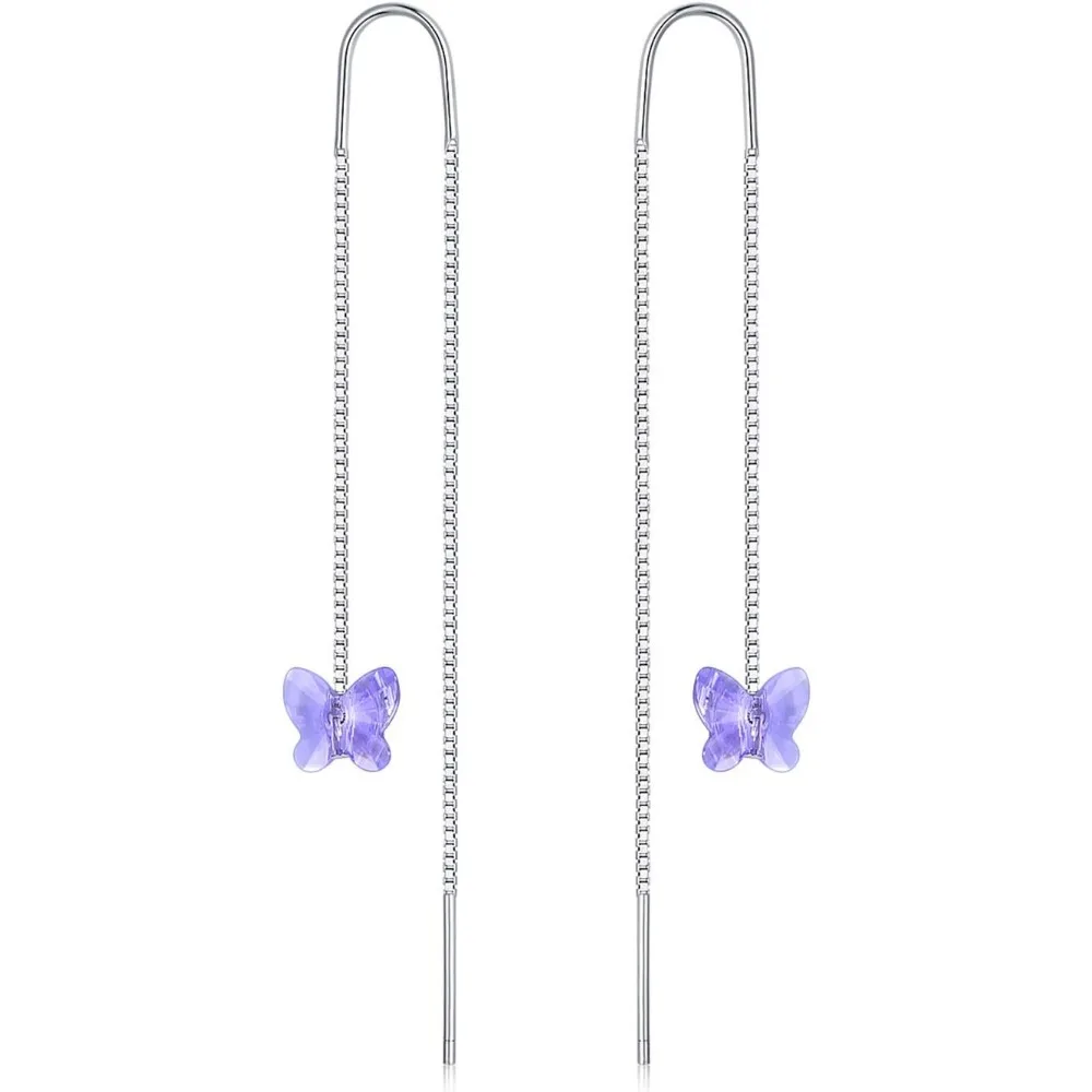 

Heart Butterfly Cube Threader Chain Drop Earrings Sterling Silver Long Dangle Crystal Jewelry for Women