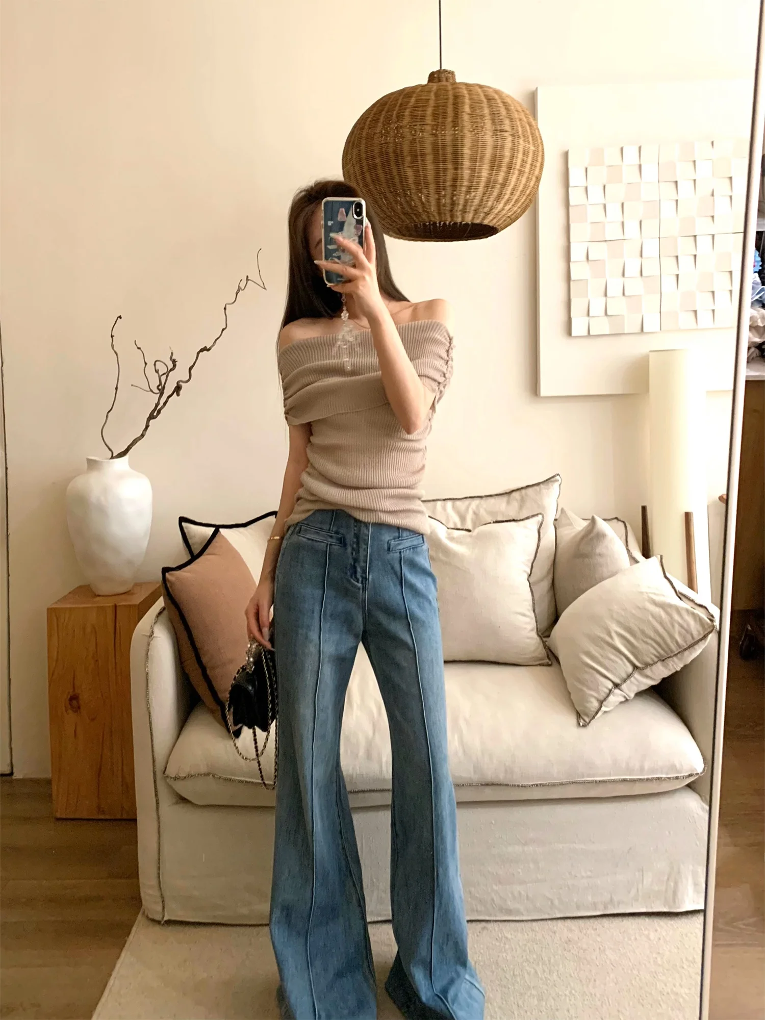 

High Waist Wide Leg Denim Bell Bot Pants Casual Sle Zipper Closure Cotton Blend High Elastici Blue Color for Women