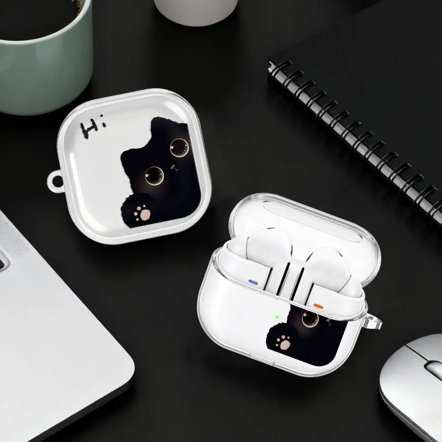

Case For Samsung Galaxy Buds 2 Live 4 Pro 2Pro 3Pro 3 FE 4Pro Clear Earphone Cases Cover With Hook Hello Cute Cat