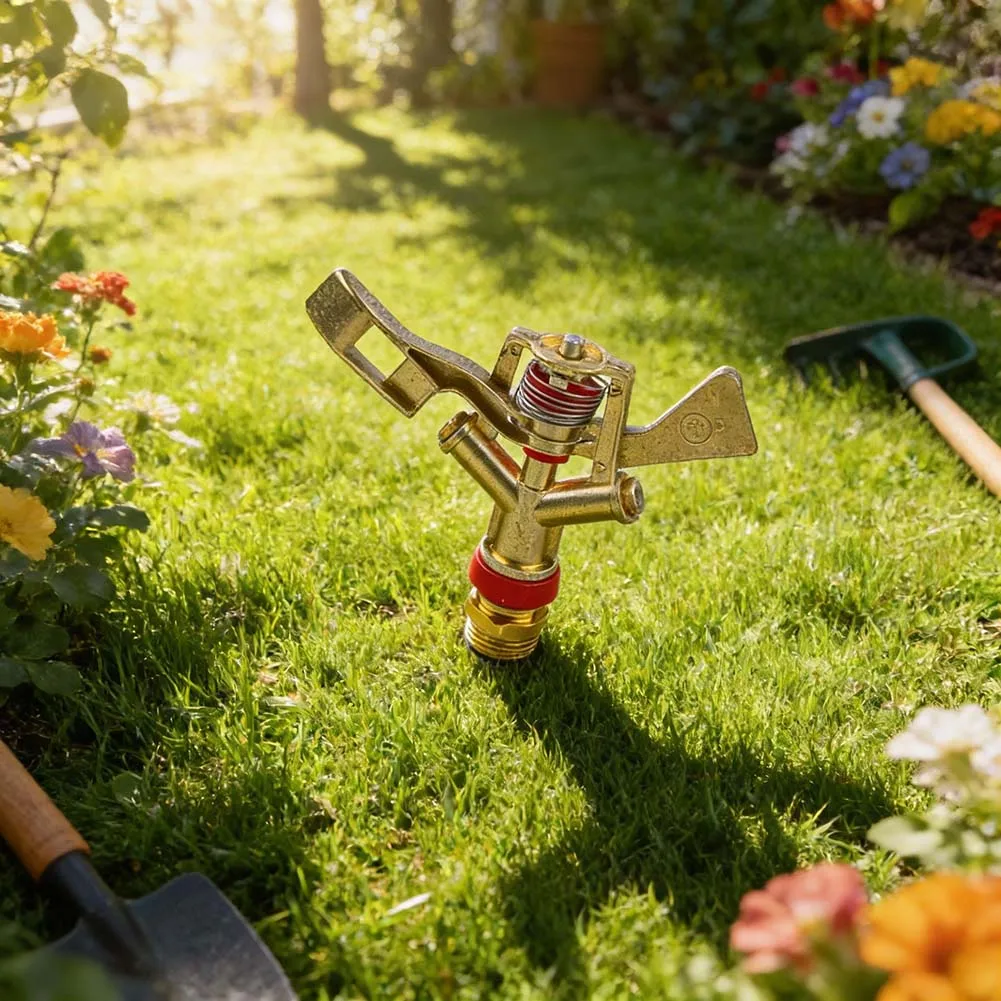1/2 Inch Brass Irrigation Sprinkler with Robust Spoon Driven Mechanism for Stable Rotation in Garden Farm Settings