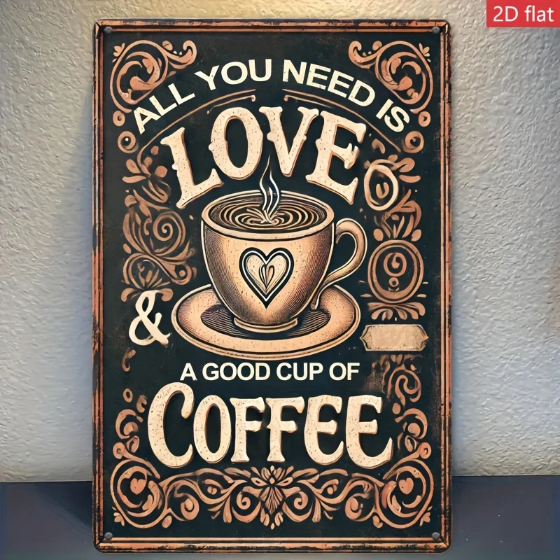 2D Flat - 1pc 2D Flat Printing Tin Decorative Plaque Sign, Love And Coffee Theme, Classic Style, 20X30 CM (8X12 Inch), with Wall