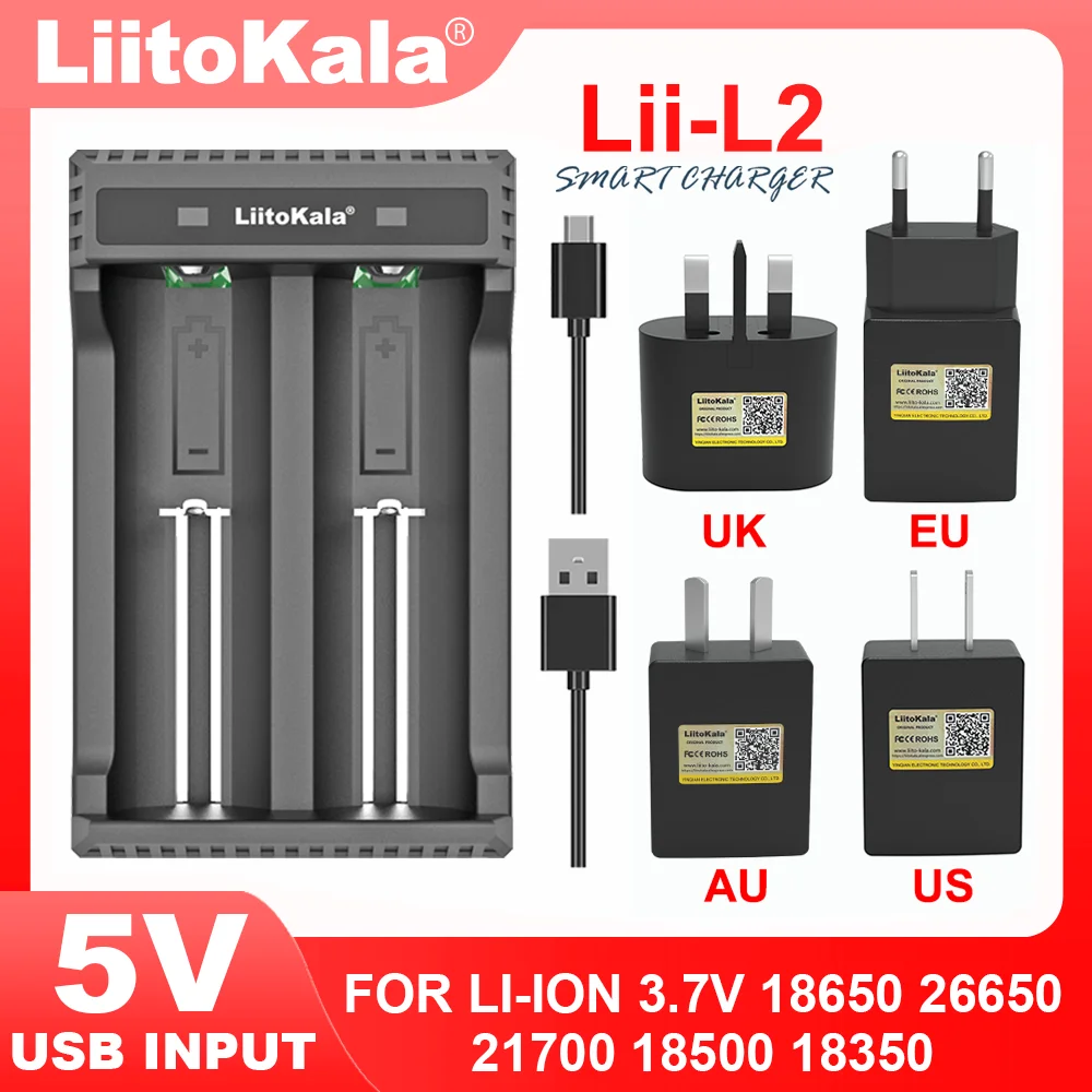 Lii-L2 Lii-L4 Liitokala Lii-402 Lii-202 wtyczka 5V EU US UK dla 3.7V 18650 18350 26650 18490 14500 21700 inteligentna ładowarka