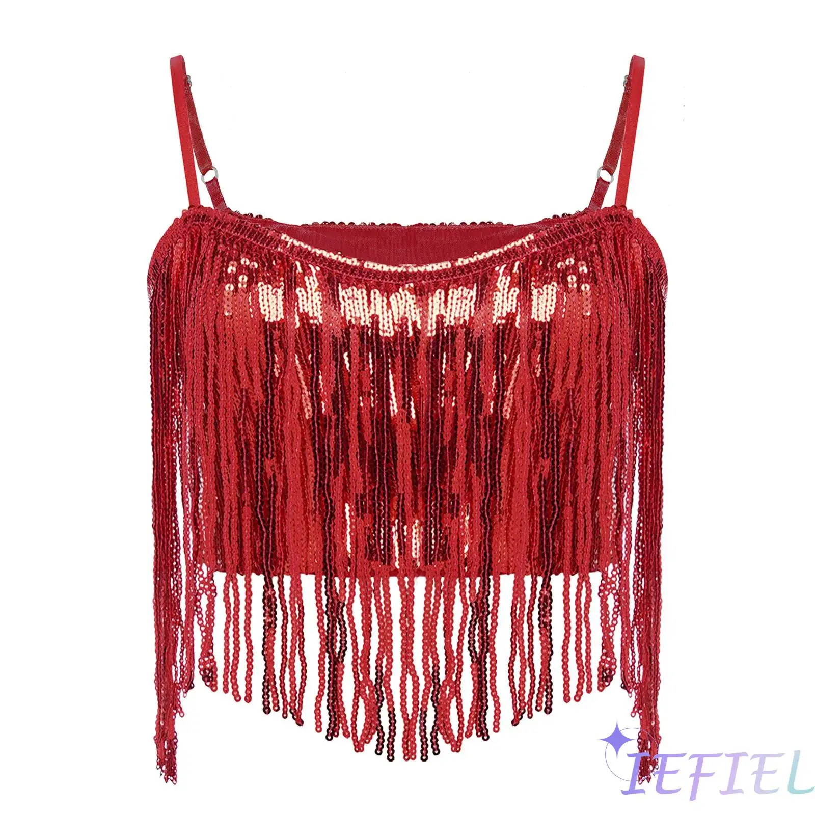 

Womens Glittery Fringed Crop Camisole Allover Sequins with Tassel Adjustable Spaghetti Straps Sling Top Crop Vest Jazz Tank Top