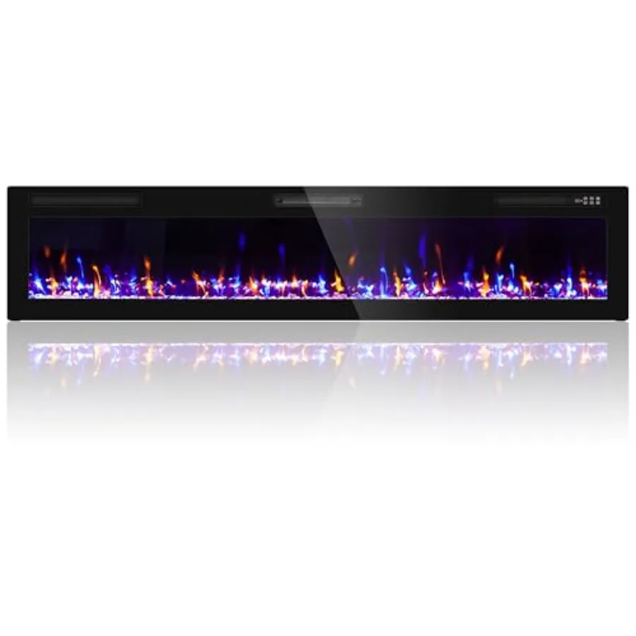 

72-дюймовый электрический камин, встраиваемый настенный ультратонкий настенный обогреватель мощностью 1500 Вт с многоцветным пламенем, малошумящий таймер, сенсорный Sc