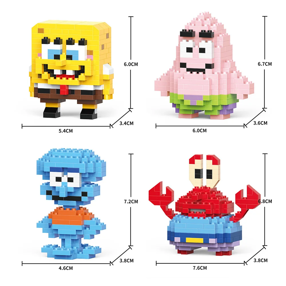 Gelber Schwamm Cartoon Quadratischer Oktopus Krabbe Mini-Baustein Anime-Charakter Ziegelstein-Modell DIY Montage-Spielzeug Desktop-Ornament Geschenk