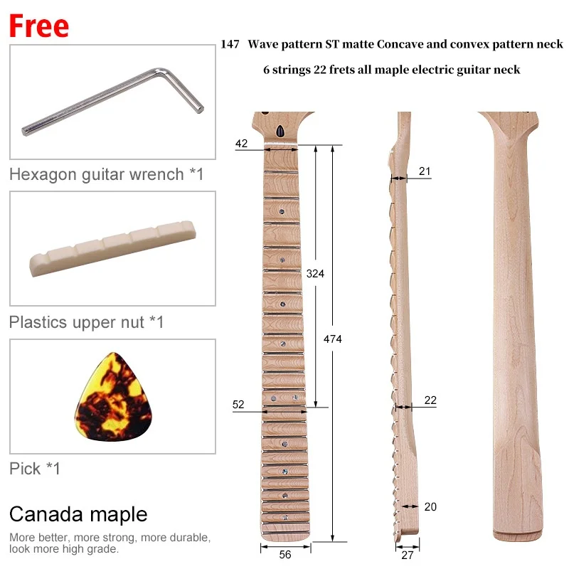 Wave pattern ST matte Concave and convex pattern 6strings 22frets all maple electric guitar neck Beef bones Nut With peach tube