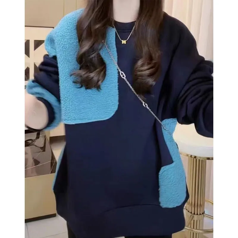 New Winter Fashion Korean Edition Plush Thickened Panel Loose Versatile Round Neck Western Leisure Women\'s Long Sleeve Sweater