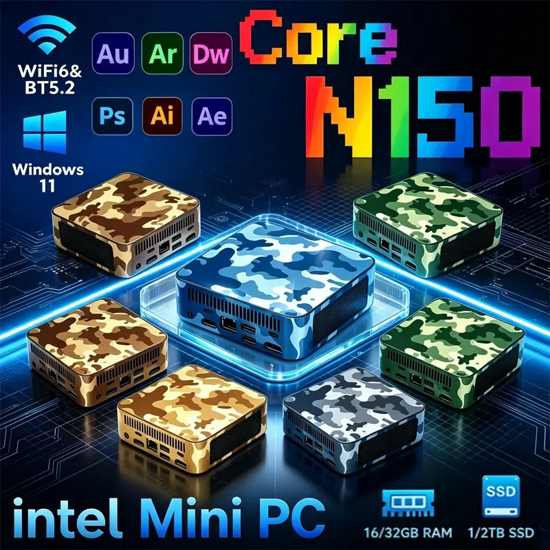 

Mini PC Gamer Intel N150 Windows 11 Mini Computer 16/32GB RAM 1TB M.2 SSD 1000M Ethernet Portable Gaming PC Desktop