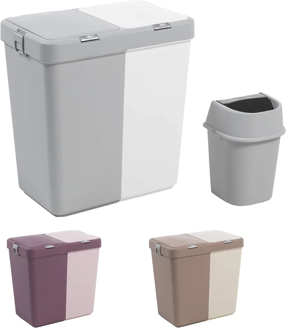 

Plastic Laundry Hamper with Lid 2 Sections, Large Laundry Basket – Extra Trash Bin (1,6 Gallons) Inc. & (White-Grey)