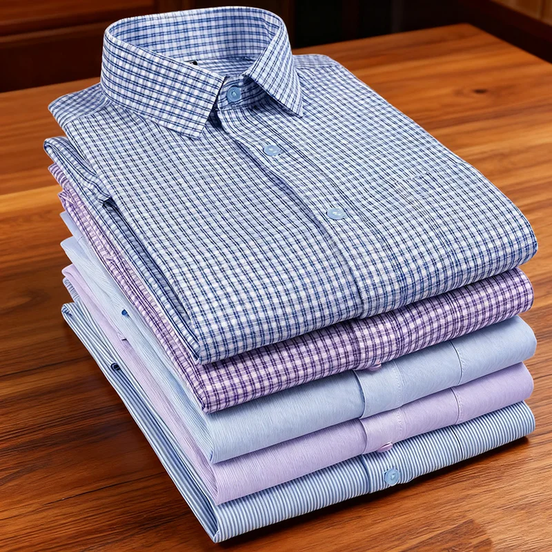 

Мужские рубашки премиум-класса с коротким рукавом, летние, деловые, повседневные, в полоску и клетку, классические, фиолетово-синие, размер 6XL, большие размеры