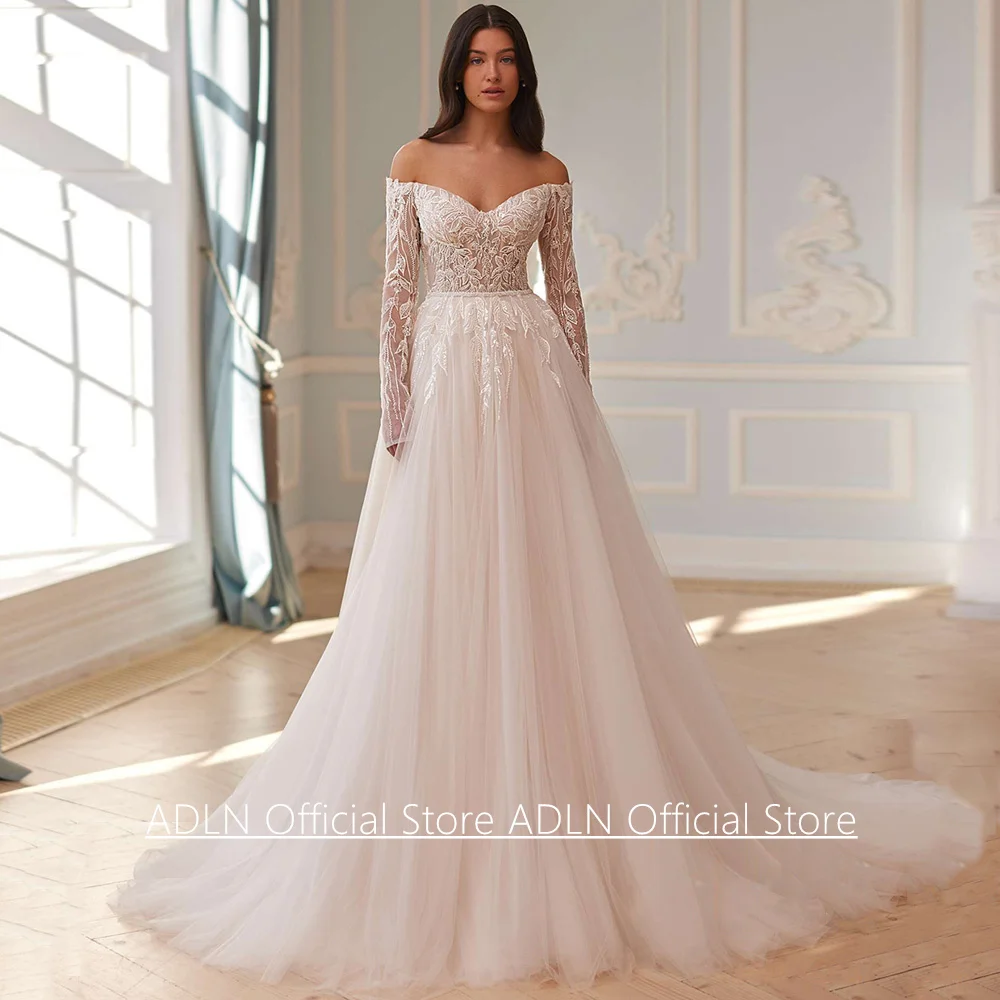 سيدة فستان زفاف جديد مخصص الخامس الرقبة طويلة الأكمام الدانتيل زين الديكور حزام تول سويب تراين رداء دي ماري زي العرائس #1