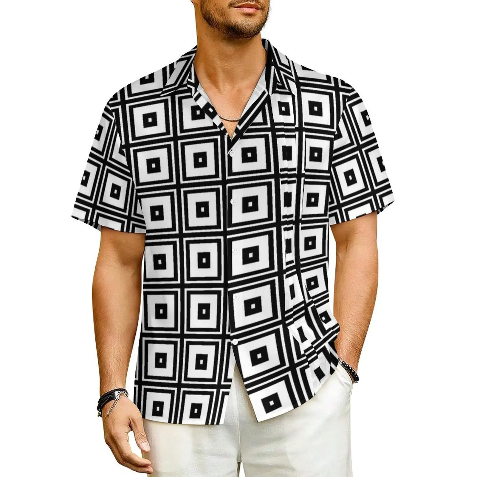 

Retro Square Hawaii Shirt For Man Beach Black and White Casual Shirts Short Sleeves Y2K Fashion Print Vintage Oversized Blouses