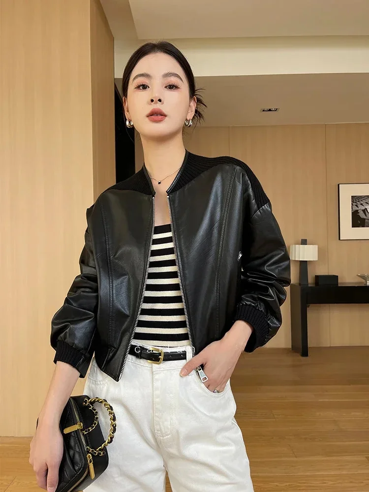 Genuine Patchwork Leather Jacket for Women 2024 Trend High-end Real Cowhide Cropped Motorcycle Zipper Bomber Coat