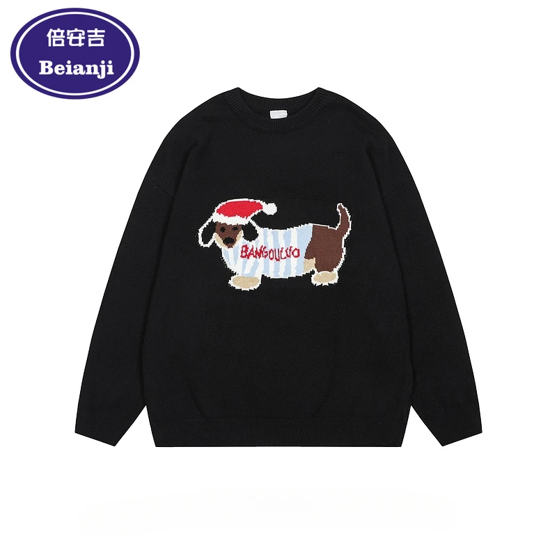 

Beianji fuzz dress Christmas style fun dog men and women fall/winter vintage hiphop fashion brand loose pullover knitwear