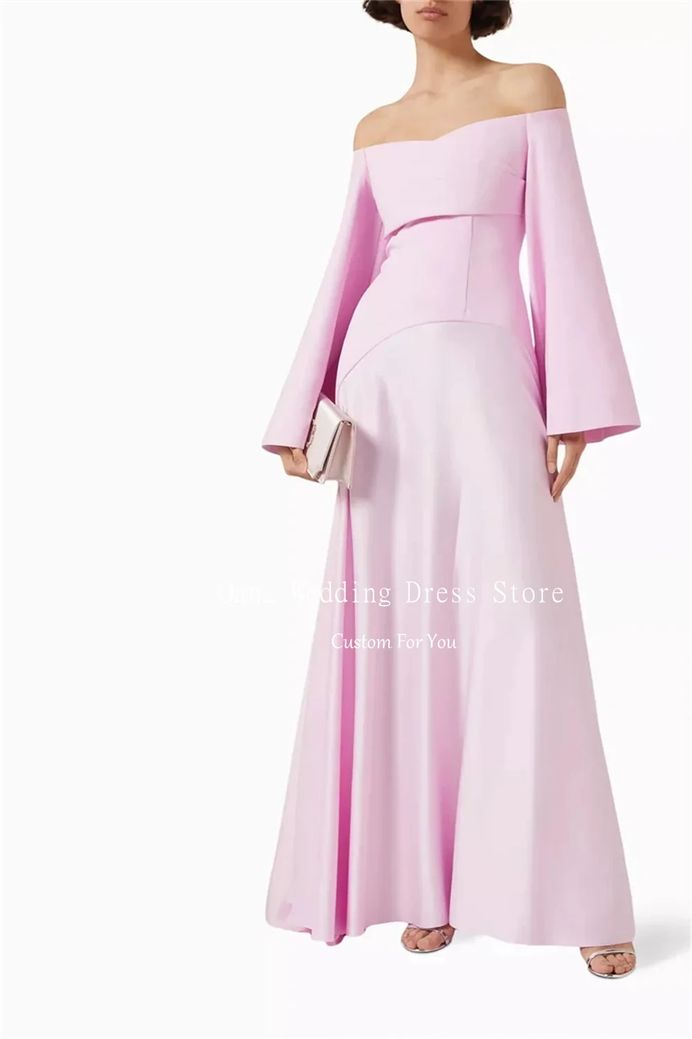 Qanz Pink Satin Evening Dresses Off Shoulder Long Sleeves Formal Occasion Wedding Party Dress Women Vestidos De Gala Customized