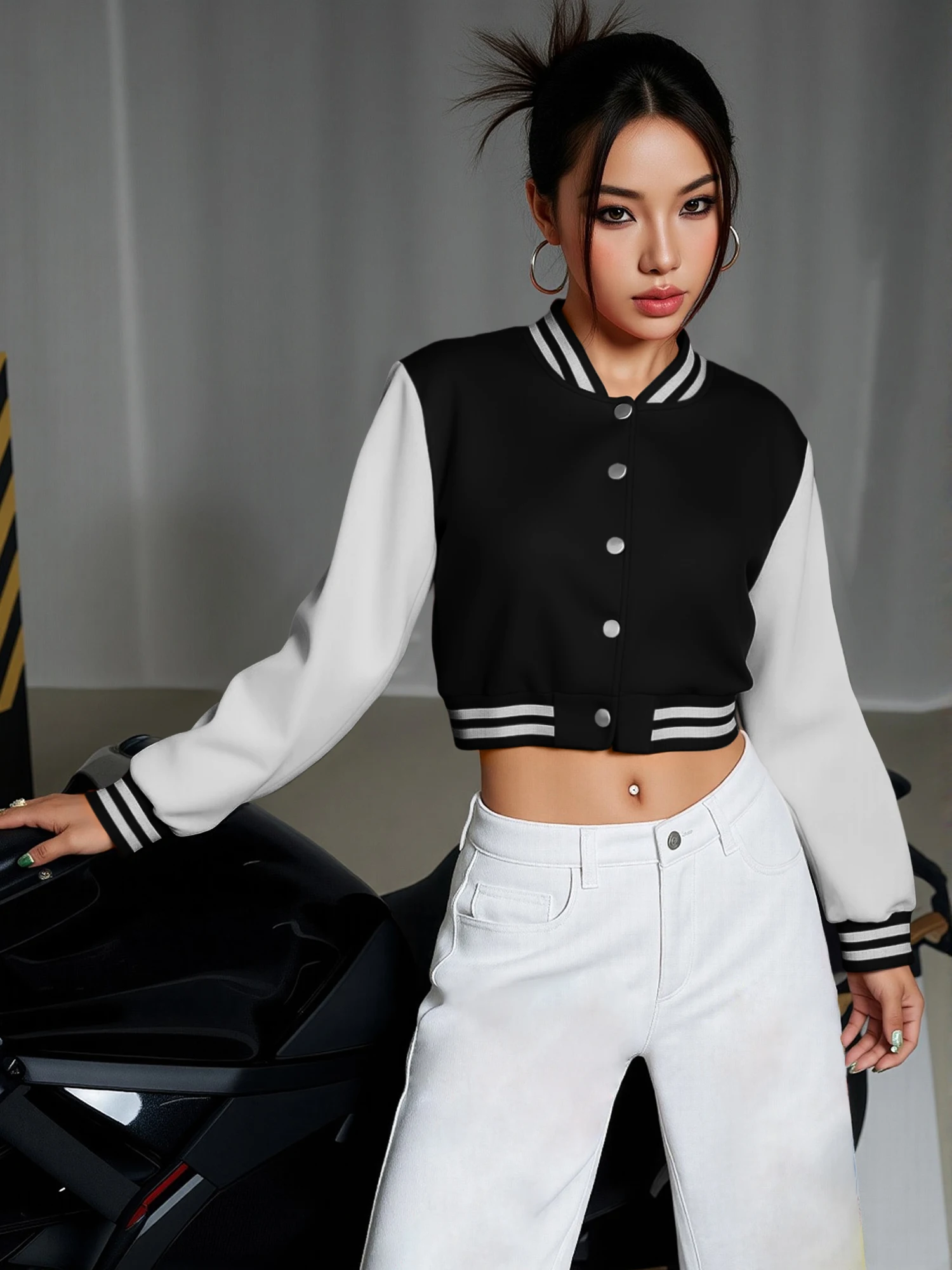 Women Vintage Cropped Varsity Jacket Color Block Long Sleeve Striped Hem Baseball Coat Preppy Outerwear