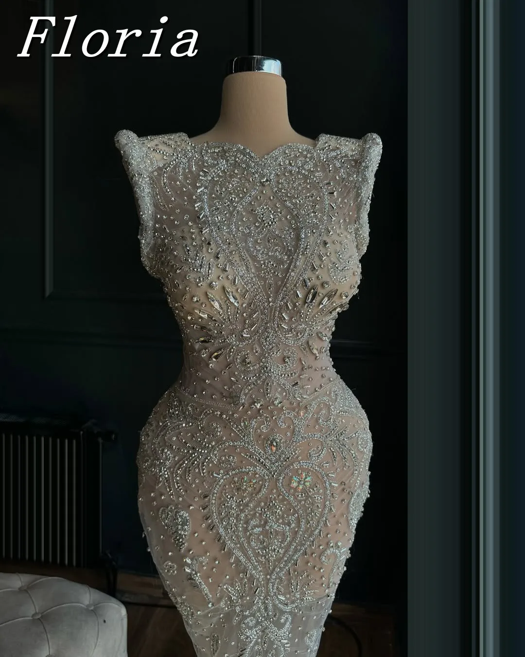 

Floria Diamond Long Sleeveless Mermaid Bridal Gown Bright Beading Slim Fit Evening Dress for Engagement Party