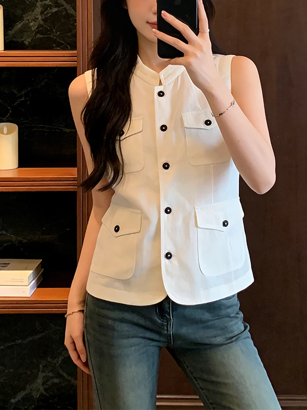 

Design Sensation Large Size White Button-Up Stand Collar Vest Women's Fashionable Summer New Arrival Sleeveless Top