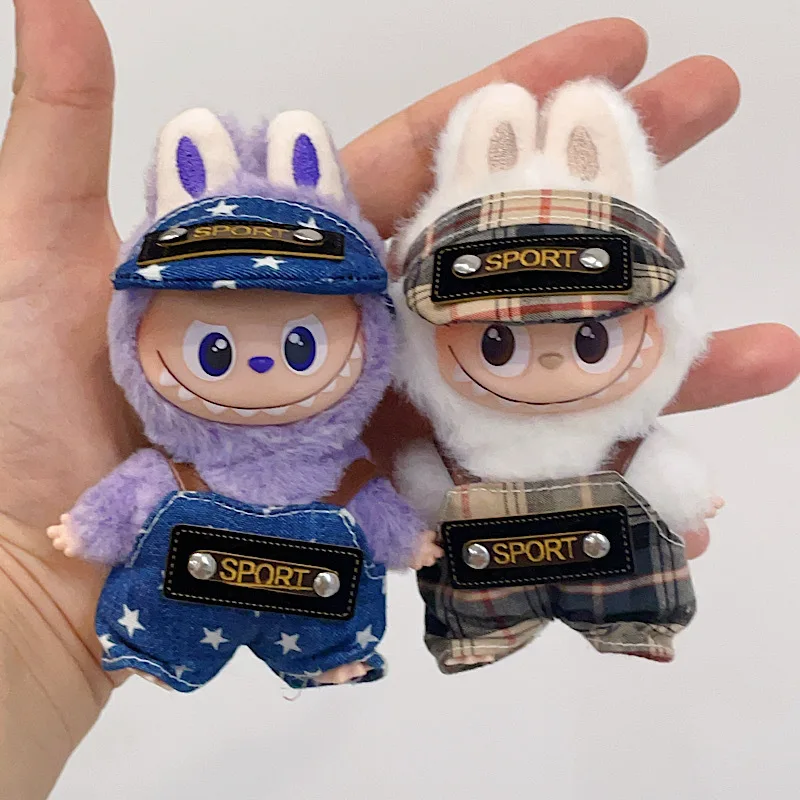 4th Gen Mini Labubu Heart Code Series Patterned Set, Plaid Stripe Polka Dot Baseball Cap & Overalls for 10cm Vinyl Doll Outfit