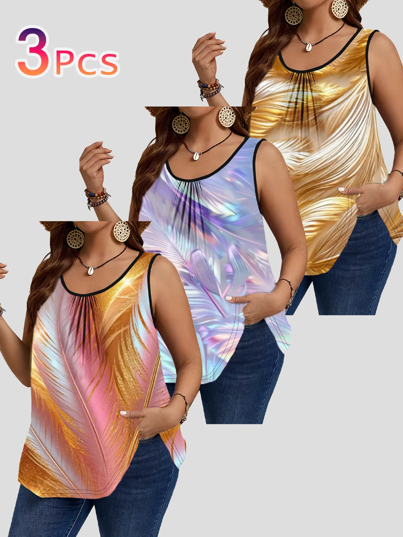 3-Piece Set of Large Size Light Luxury Gradient Feather Pattern Vests, Colorful Glossy Feather Print Loose Sleeveless Base Shirts
