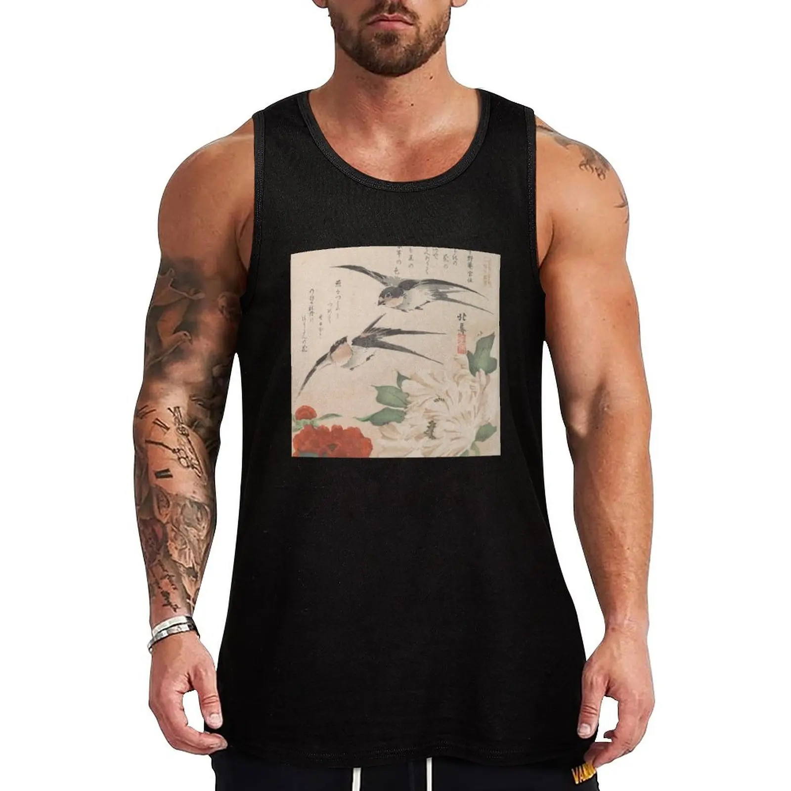 Swallows and Peonies Japanese Edo Art (kachō) Tank Top men clothings Bodybuilding shirt Sleeveless top Muscle fit