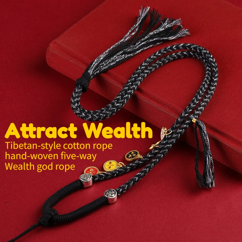 

Черное тканое ожерелье ручной работы из веревки, мужское и женское пятистороннее ожерелье с изображением бога богатства, амулет Будды, шнур, китайский ювелирный аксессуар ручной работы