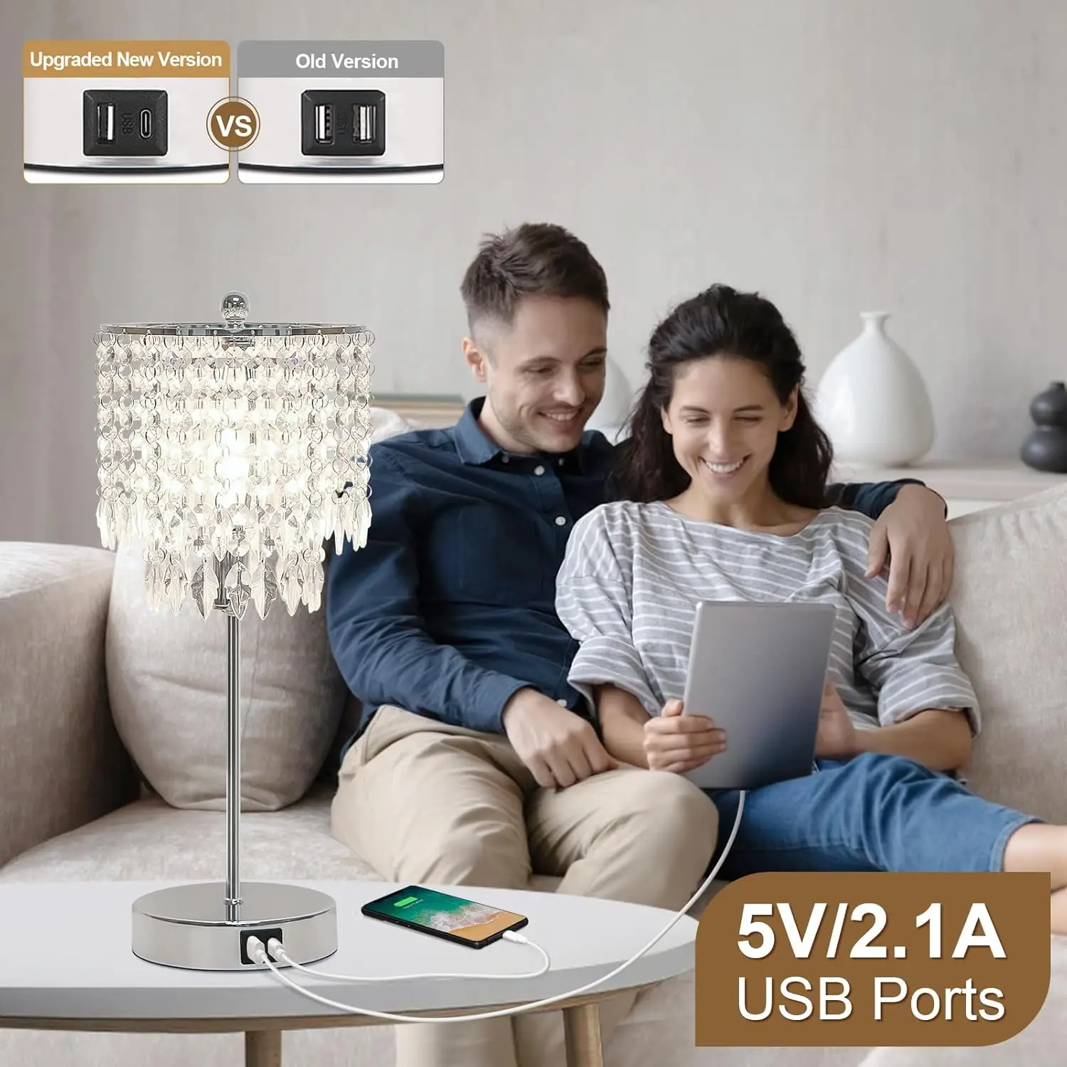 Crystal Table Lamp Set of 2, Touch Control, USB Ports, Dimmable LED Bedside Lamp, Silver Shade for Bedroom, Living Room