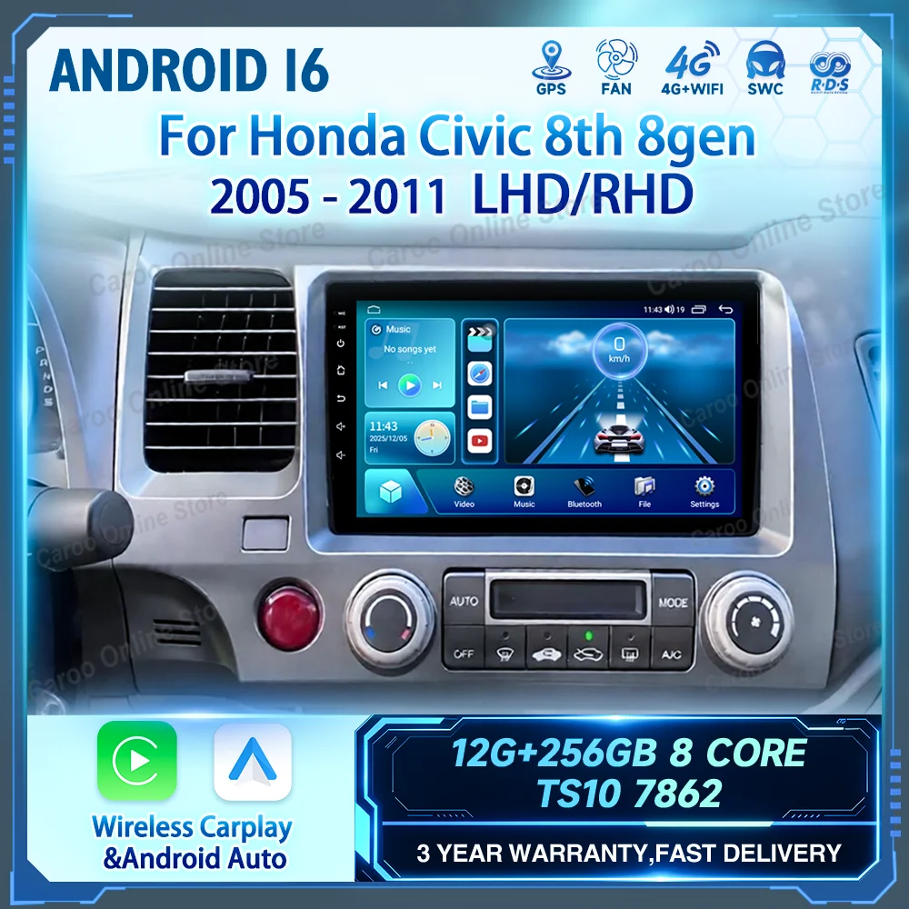Android 16 For Honda Civic 8th 8gen 2005 2006 2007 2008 2009 2010 2011 Auto Radio Stereo GPS Navigation Multimidia Player Screen