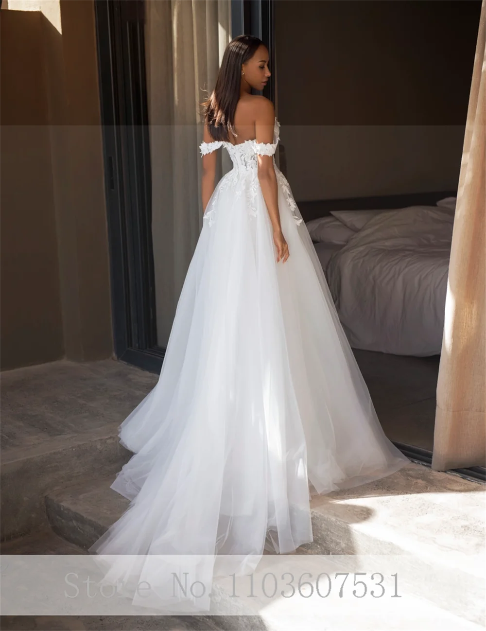 Appliques Lace Off the Shoudler Tulle Wedding Bridal Dress for Women Side Slit A-line Court Wedding Party Gown vestidos de novia