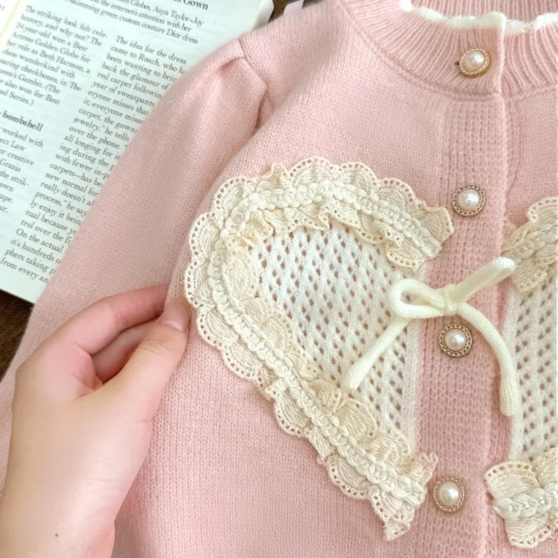 Girls Suit 2024 Autumn and Winter Style Sweet and Pink Playful and Cute Long-sleeved Warm Sweater Love Children Clothes