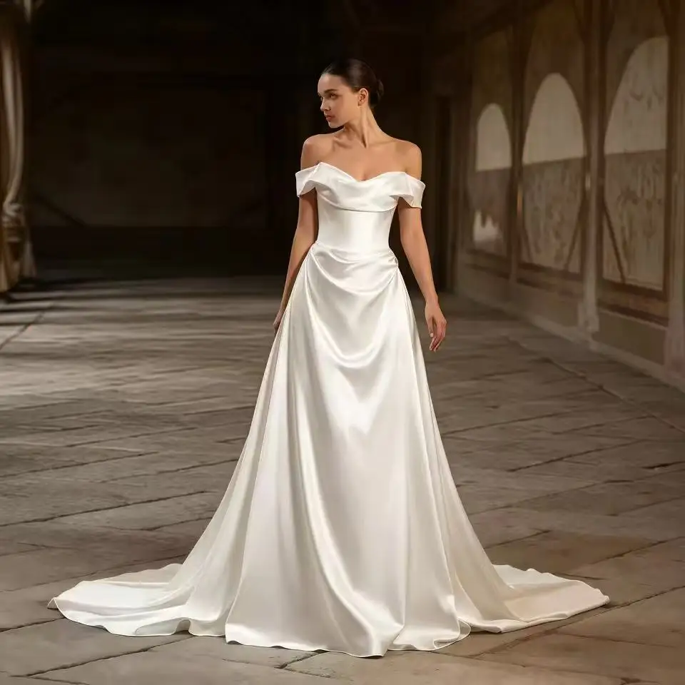 Customized Satin A Line Floor-Length Brush Train Wedding Dress Off Shoulder Sweetheart Backless Button Train Bridal Gown 2026