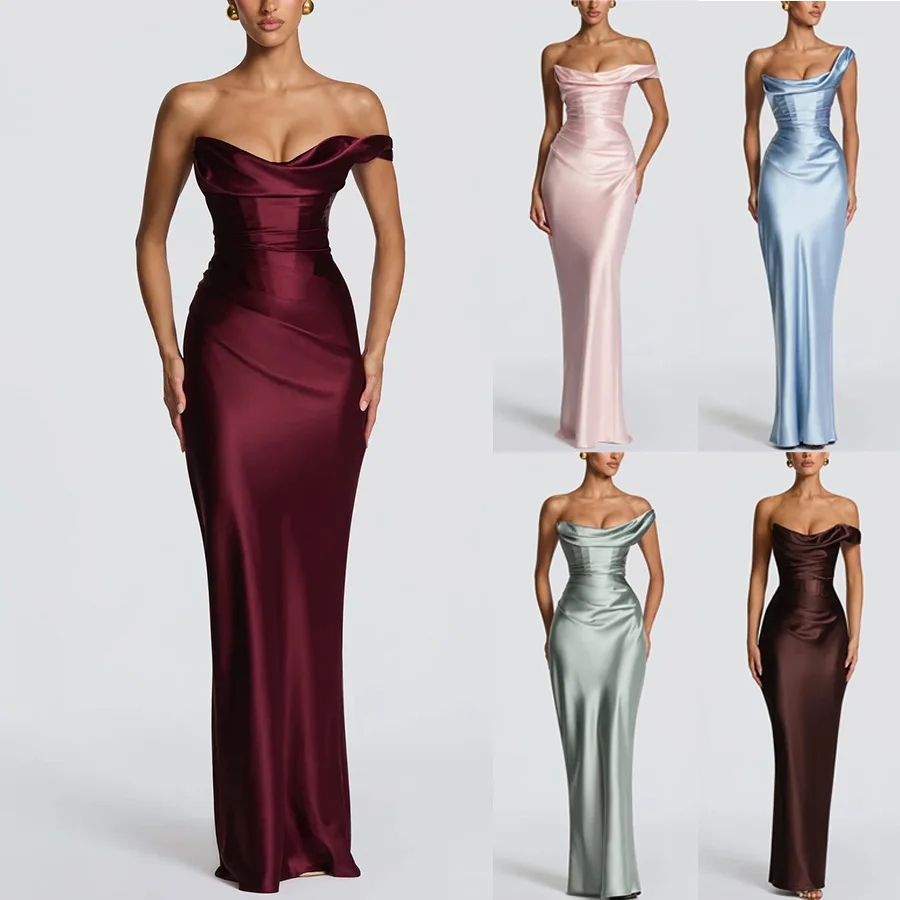 

Dress Women Spring Summer One Shoulder Satin Hip Hugging Party Vacation Dresses