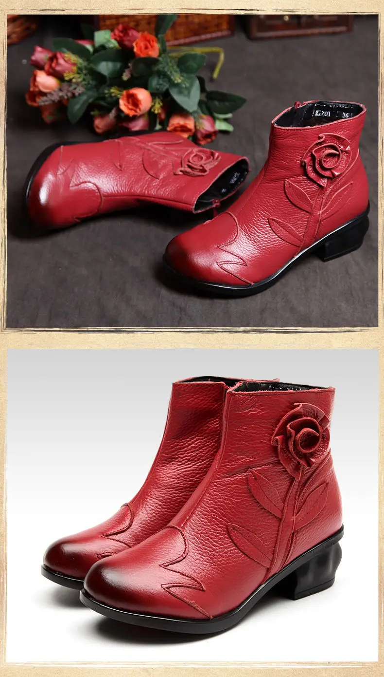 Neue Handgemachte Rindsleder Boot Damen Vintage Hohl Schuhe Frau Original Marke Stiefeletten Frauen Herbst Niedrigen Ferse Pelz Booties – Detail 13