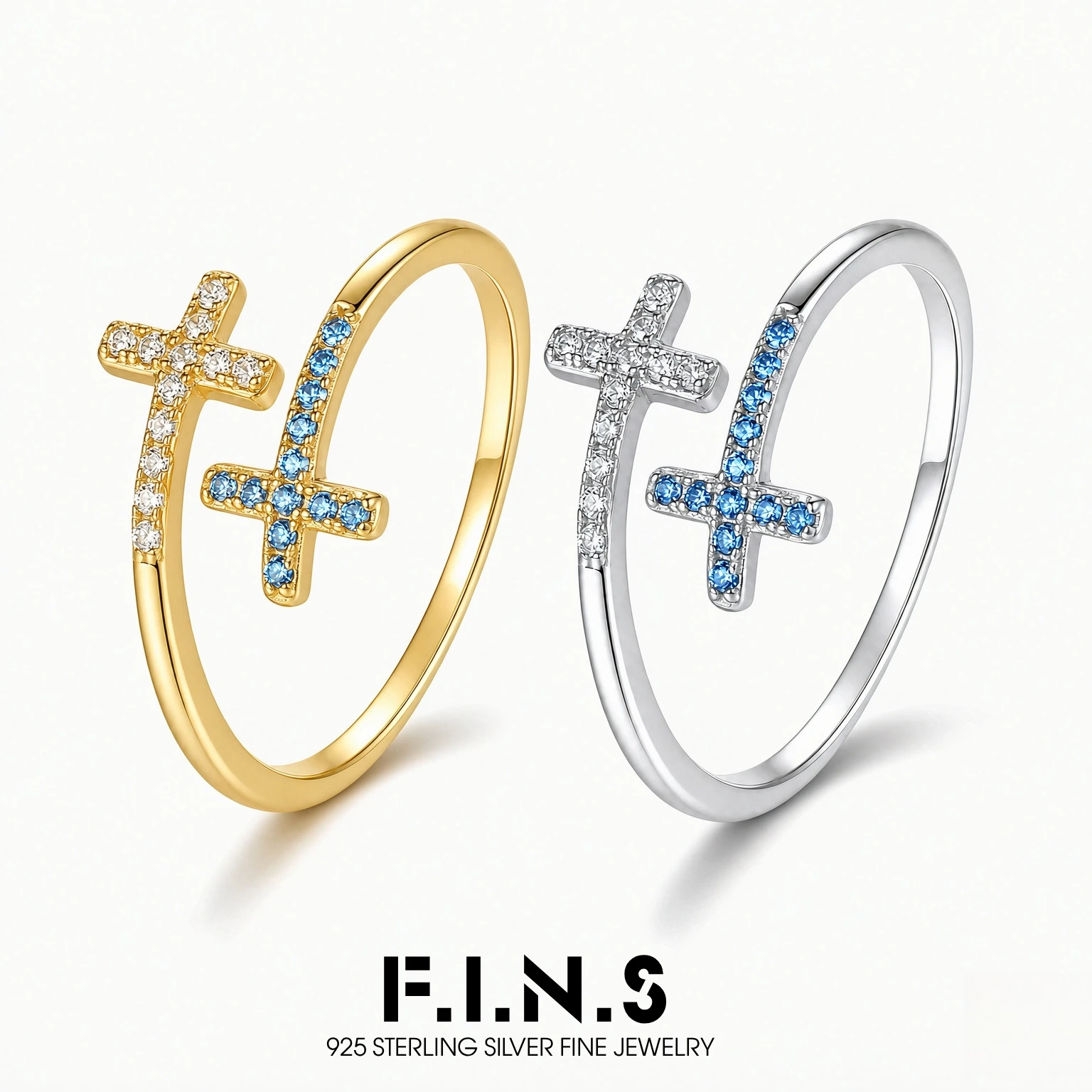 Кольцо F.I.N.S из стерлингового серебра S925 с крестом, роскошное унисекс-кольцо с синим и зеленым цирконием, регулируемое, изысканные ювелирные аксессуары.