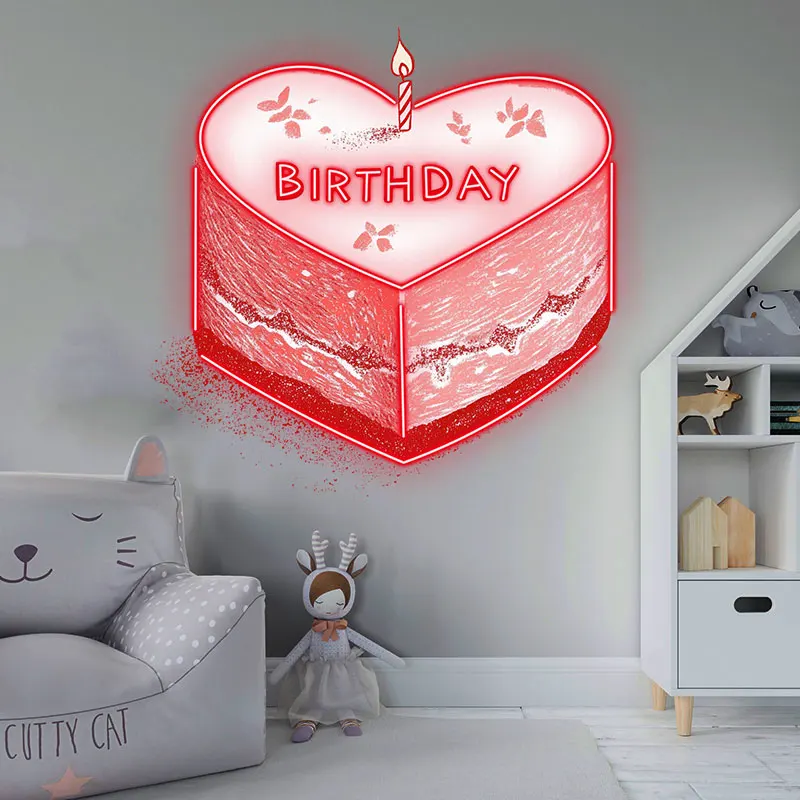 Heart-Shaped Birthday Cake Neon Light, Romantic LED Sign with Candle, Perfect for Birthday Party Decoration & Sweet Celebration