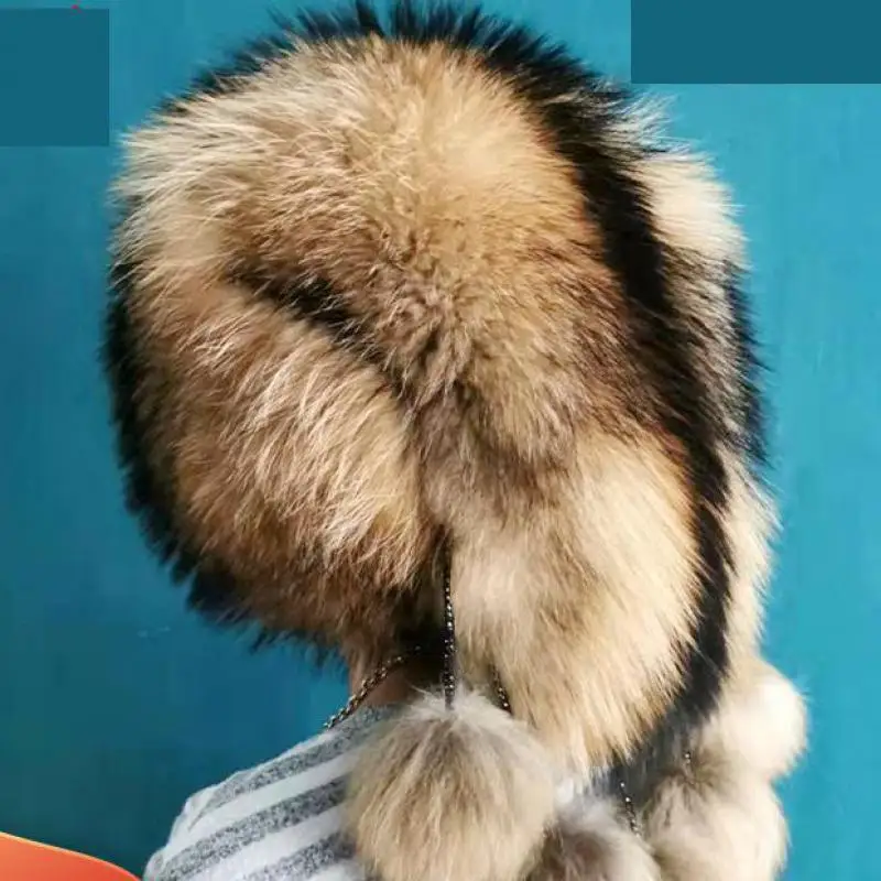 

2022 Women's Russian Ushanka Aviator Trapper Real Fox Fur Bomber Hat Fox Fur Hats Dome Mongolian Hat Natural Raccoon Fur Caps