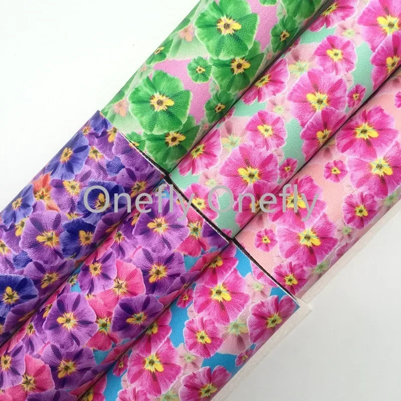 Onefly Wholesales Dropshipping Leather Supplier Flowers Printed Synthetic Faux Vinyl Leather Fabric Sheets  For Bow DIY  FZ036A